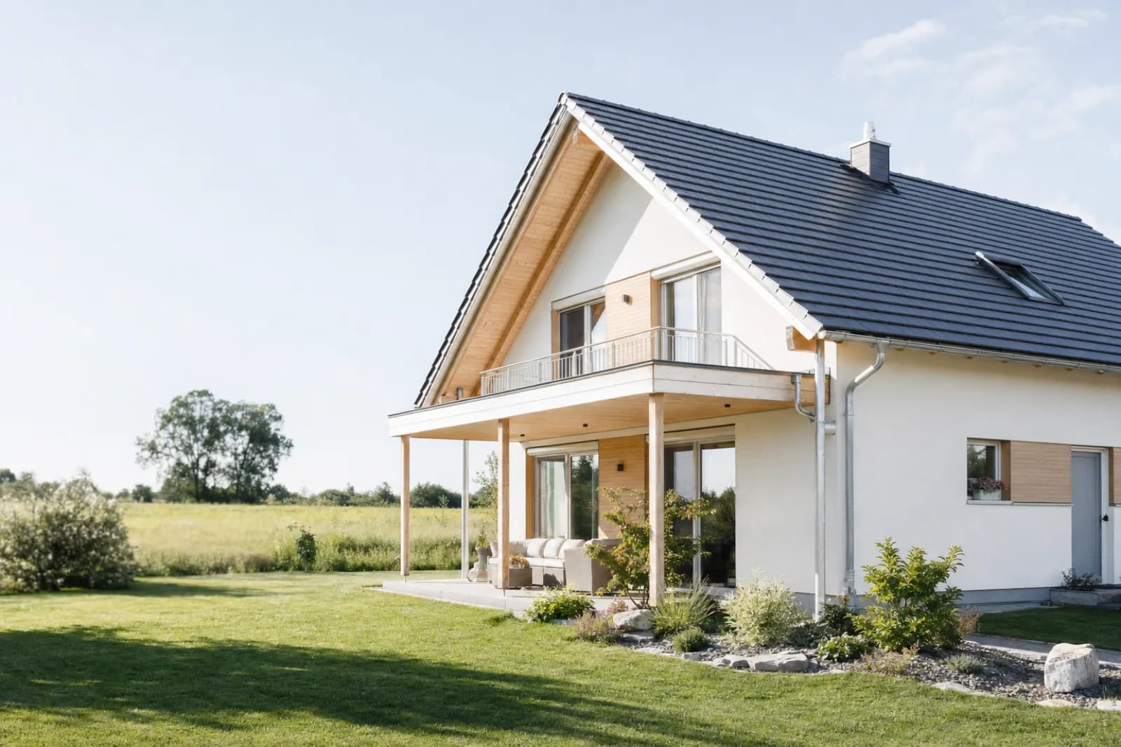 Fertiggestelltes Einfamilienhaus mit heller Putzfassade und Satteldach