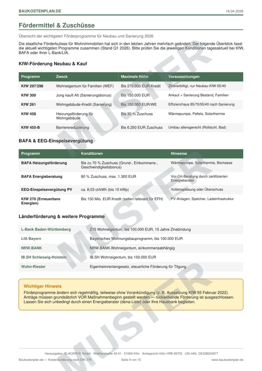 Muster-Seite aus dem Baukostenplan-PDF: Fördermittel & Zuschüsse